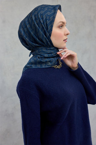 Pamuk Polyester Soft Eşarp Geometrik Desen Indigo 90X90