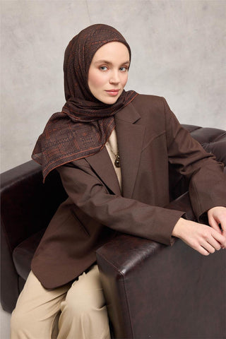 Pamuk Polyester Soft Eşarp Taba Geometrik Desenli Kaymaz Dokulu Tok Duruşlu 90X90