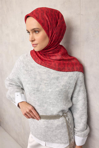 Pamuk Polyester Soft Eşarp Geometrik Desen Kırmızı 90X90 - Soft Eşarp - | Silk Home