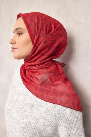 Pamuk Polyester Soft Eşarp Geometrik Desen Kırmızı 90X90 - Soft Eşarp - | Silk Home