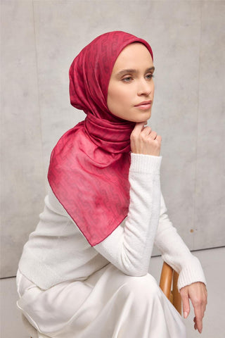 Pamuk Polyester Soft Eşarp Geometrik Desen Fuşya 90X90 - Soft Eşarp - | Silk Home