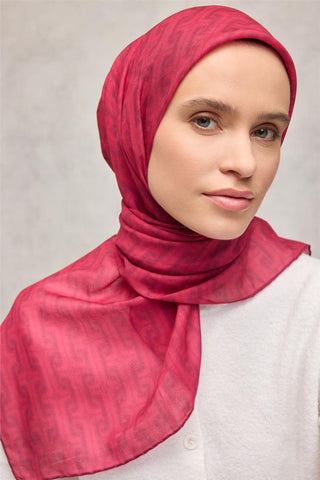 Pamuk Polyester Soft Eşarp Geometrik Desen Fuşya 90X90 - Soft Eşarp - | Silk Home
