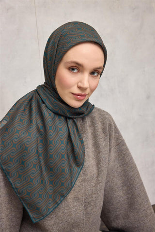 Pamuk Polyester Soft Eşarp Geometrik Desen Petrol Yeşili 90X90 - Soft Eşarp - | Silk Home