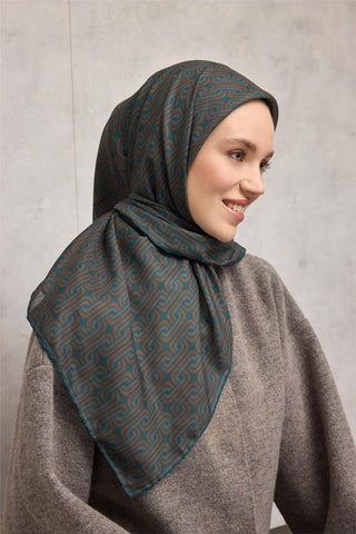Pamuk Polyester Soft Eşarp Geometrik Desen Petrol Yeşili 90X90 - Soft Eşarp - | Silk Home