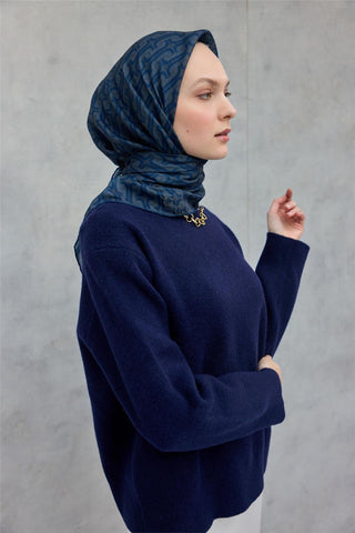 Pamuk Polyester Soft Eşarp Geometrik Desen Indigo 90X90 - Soft Eşarp - | Silk Home