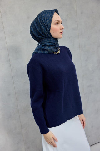 Pamuk Polyester Soft Eşarp Geometrik Desen Indigo 90X90 - Soft Eşarp - | Silk Home