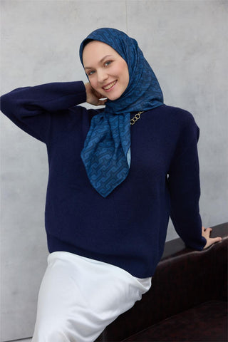 Pamuk Polyester Soft Eşarp Geometrik Desen Indigo Mavi 90X90