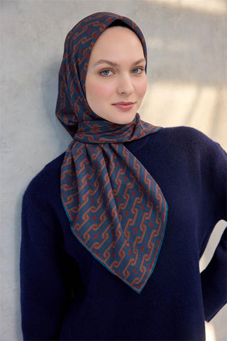 Pamuk Polyester Soft Eşarp Geometrik Desen Koyu Kiremit 90X90 - Soft Eşarp - | Silk Home