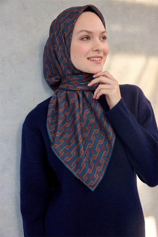 Pamuk Polyester Soft Eşarp Geometrik Desen Koyu Kiremit 90X90 - Soft Eşarp - | Silk Home