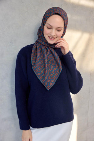 Pamuk Polyester Soft Eşarp Geometrik Desen Koyu Kiremit 90X90 - Soft Eşarp - | Silk Home