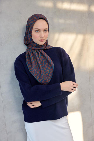 Pamuk Polyester Soft Eşarp Geometrik Desen Koyu Kiremit 90X90 - Soft Eşarp - | Silk Home