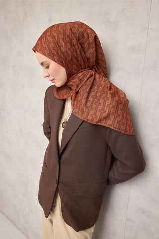 Pamuk Polyester Soft Eşarp Geometrik Desen Tarçın 90X90 - Soft Eşarp - | Silk Home