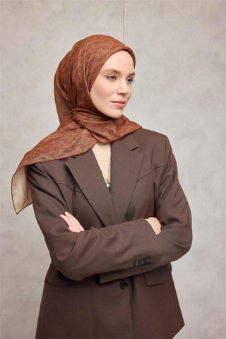Pamuk Polyester Soft Eşarp Geometrik Desen Turuncu 90X90 - Soft Eşarp - | Silk Home