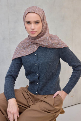 Pamuk Polyester Soft Eşarp Geometrik Desen Koyu Bej 90X90 - Soft Eşarp - | Silk Home