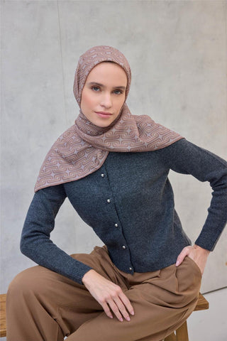 Pamuk Polyester Soft Eşarp Geometrik Desen Koyu Bej 90X90 - Soft Eşarp - | Silk Home