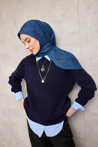 Cotton Polyester Soft Scarf, Grey and Blue, Geometric Pattern, Non-Slip, Firm Structure, 90x90 cm.