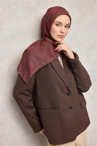 Pamuk Polyester Soft Eşarp Kiremit Geometrik Desenli Kaymaz Dokulu Tok Duruşlu 90X90 - Soft Eşarp - | Silk Home