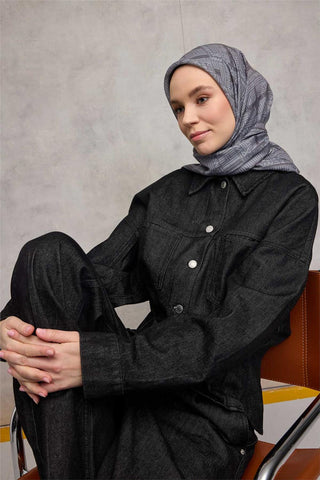 Pamuk Polyester Soft Eşarp Koyu Gri Geometrik Desenli Kaymaz Tok Duruşlu 90X90 - Soft Eşarp - | Silk Home