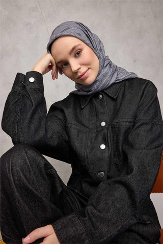 Pamuk Polyester Soft Eşarp Koyu Gri Geometrik Desenli Kaymaz Tok Duruşlu 90X90 - Soft Eşarp - | Silk Home