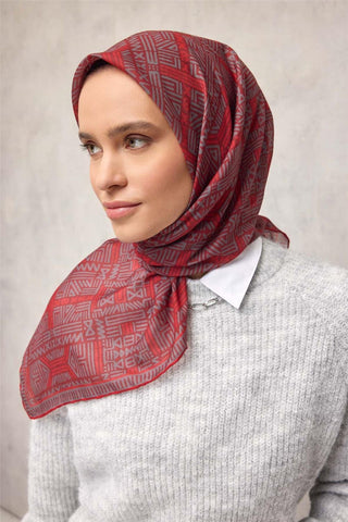 Pamuk Polyester Soft Eşarp Koyu Kırmızı Geometrik Desenli Kaymaz Tok Duruşlu 90X90 - Soft Eşarp - | Silk Home