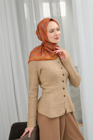 Pamuk Polyester Soft Eşarp Turuncu Yaprak Desen 90*90 - Soft Eşarp - | Silk Home