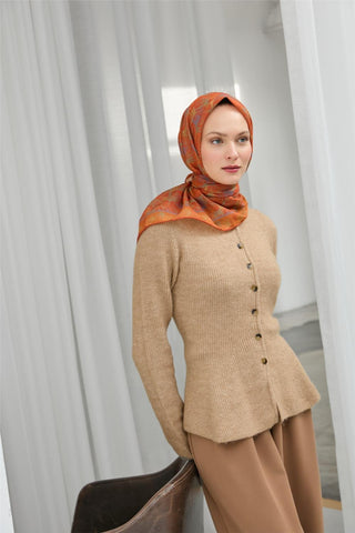 Pamuk Polyester Soft Eşarp Turuncu Yaprak Desen 90*90 - Soft Eşarp - | Silk Home