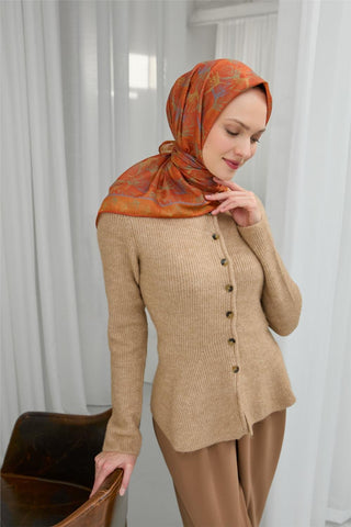 Pamuk Polyester Soft Eşarp Turuncu Yaprak Desen 90*90 - Soft Eşarp - | Silk Home