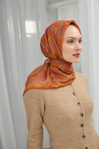 Pamuk Polyester Soft Eşarp Turuncu Yaprak Desen 90*90 - Soft Eşarp - | Silk Home