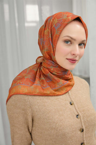 Pamuk Polyester Soft Eşarp Turuncu Yaprak Desen 90*90 - Soft Eşarp - | Silk Home