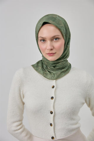 İnce Pamuk Soft Eşarp Haki Yaprak Desenli Hafif Dokulu 90X90