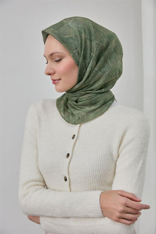 İnce Pamuk Soft Eşarp Haki Yaprak Desenli Hafif Dokulu 90X90