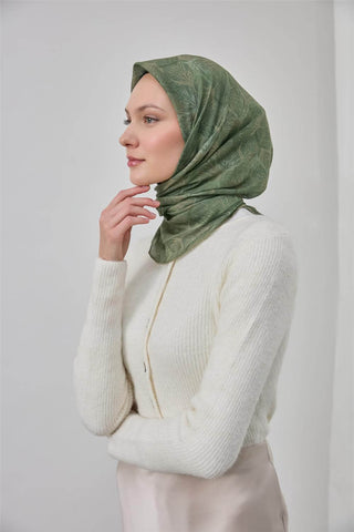 İnce Pamuk Soft Eşarp Haki Yaprak Desenli Hafif Dokulu 90X90