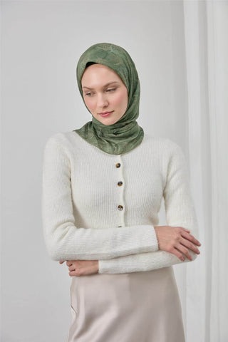 İnce Pamuk Soft Eşarp Haki Yaprak Desenli Hafif Dokulu 90X90