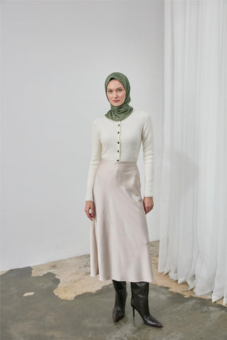 İnce Pamuk Soft Eşarp Haki Yaprak Desenli Hafif Dokulu 90X90