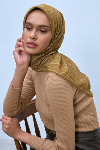 Soft Cotton Scarf, Mustard Yellow, Geometric Pattern, Lightweight Texture, 90x90 cm.