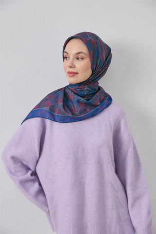 İnce Pamuk Soft Eşarp Lacivert Yaprak Desenli Hafif Dokulu 90X90 - Soft Eşarp - | Silk Home