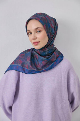 İnce Pamuk Soft Eşarp Lacivert Yaprak Desenli Hafif Dokulu 90X90 - Soft Eşarp - | Silk Home