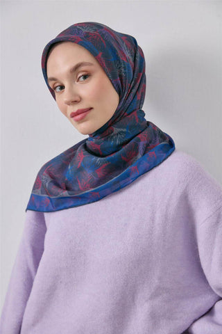 İnce Pamuk Soft Eşarp Lacivert Yaprak Desenli Hafif Dokulu 90X90 - Soft Eşarp - | Silk Home