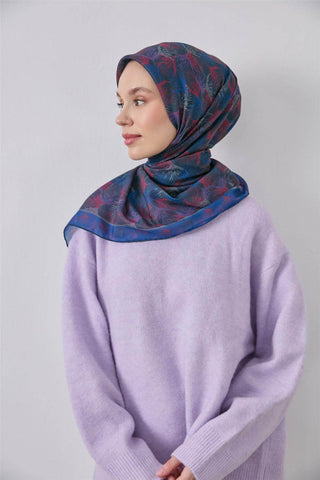 İnce Pamuk Soft Eşarp Lacivert Yaprak Desenli Hafif Dokulu 90X90 - Soft Eşarp - | Silk Home