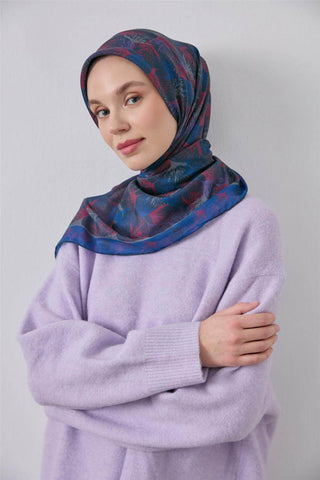 İnce Pamuk Soft Eşarp Lacivert Yaprak Desenli Hafif Dokulu 90X90 - Soft Eşarp - | Silk Home
