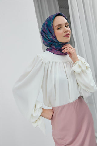 Soft Pamuk Eşarp Gece Mavisi Yaprak Desenli Hafif Tok Duruşlu 90X90