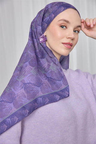 İnce Pamuk Soft Eşarp Mor Yaprak Desenli Hafif Dokulu 90X90