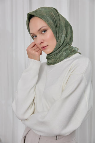 İnce Pamuk Soft Eşarp Koyu Vizon Yaprak Desenli Hafif Dokulu 90X90