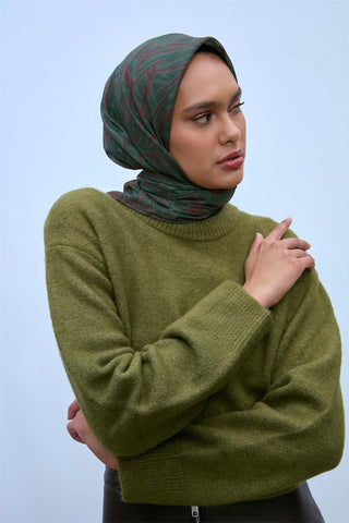 Soft Cotton Scarf, Dark Green, Bitter Brown, Geometric Pattern, Lightweight Texture, 90x90 cm.
