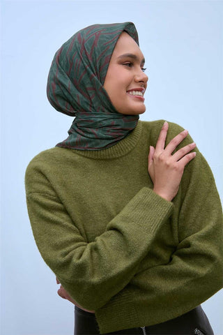Soft Cotton Scarf, Dark Green, Bitter Brown, Geometric Pattern, Lightweight Texture, 90x90 cm.