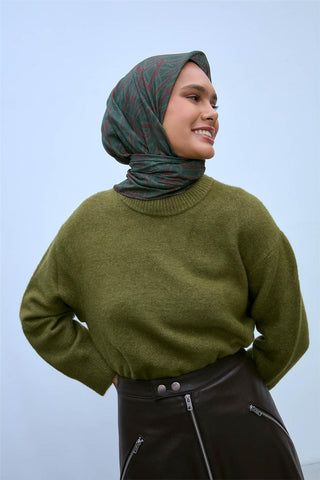 Soft Cotton Scarf, Dark Green, Bitter Brown, Geometric Pattern, Lightweight Texture, 90x90 cm.
