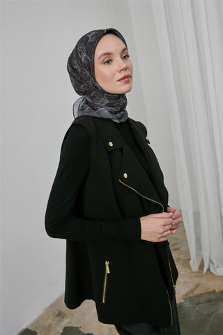 İnce Pamuk Soft Eşarp Siyah Yaprak Desenli Hafif Dokulu 90X90 - Soft Eşarp - | Silk Home