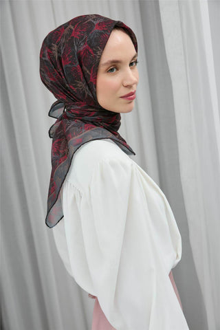 Soft Pamuk Eşarp Siyah Yaprak Desenli Hafif Tok Duruşlu 90X90
