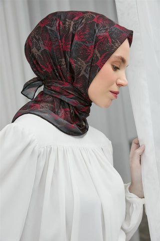 Soft Pamuk Eşarp Siyah Yaprak Desenli Hafif Tok Duruşlu 90X90