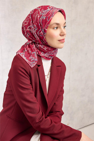 Pamuk Polyester Eşarp Fuşya-Mor Krem Desenli Soft Dokulu Tok Duruşlu 90X90